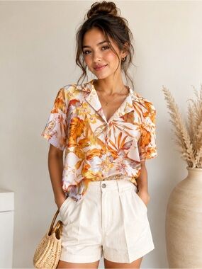 Rachel Zoe Tropical Floral Button Up Blouse XS Pink Orange Resort Vacation Top